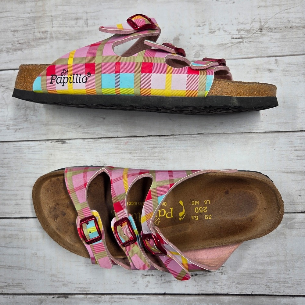 Papillio Florida Plaid Slide Sandals Women 39 L8 Pink Multi Buckle Birkenstock